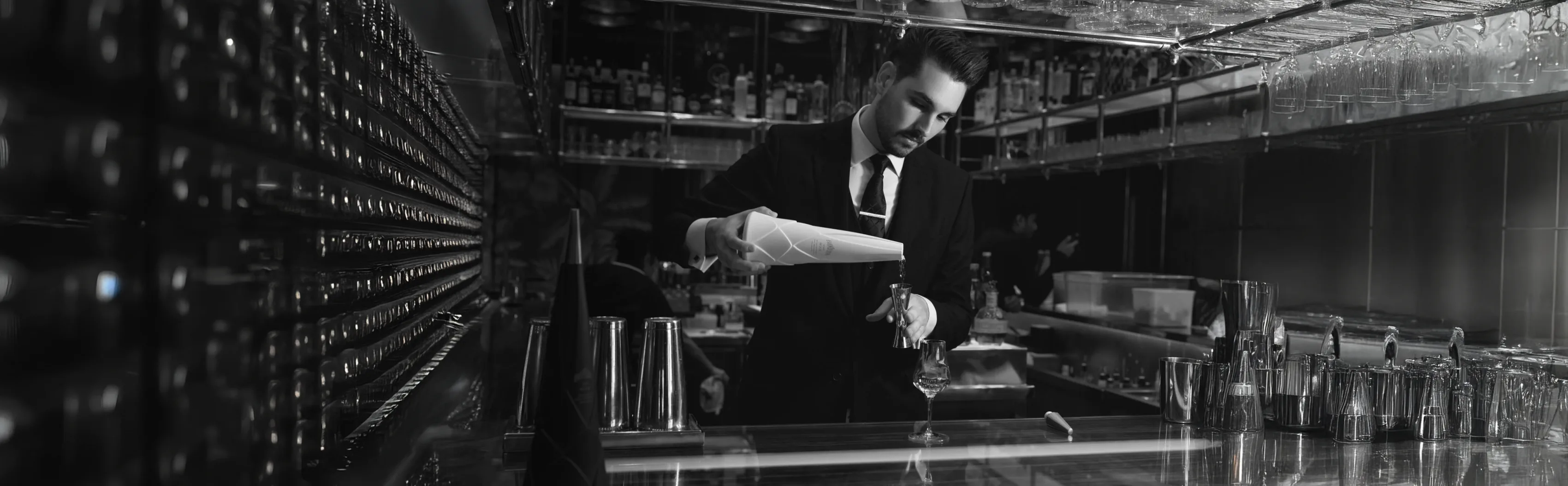 A bartender pouring at a back bar, in black and white.
