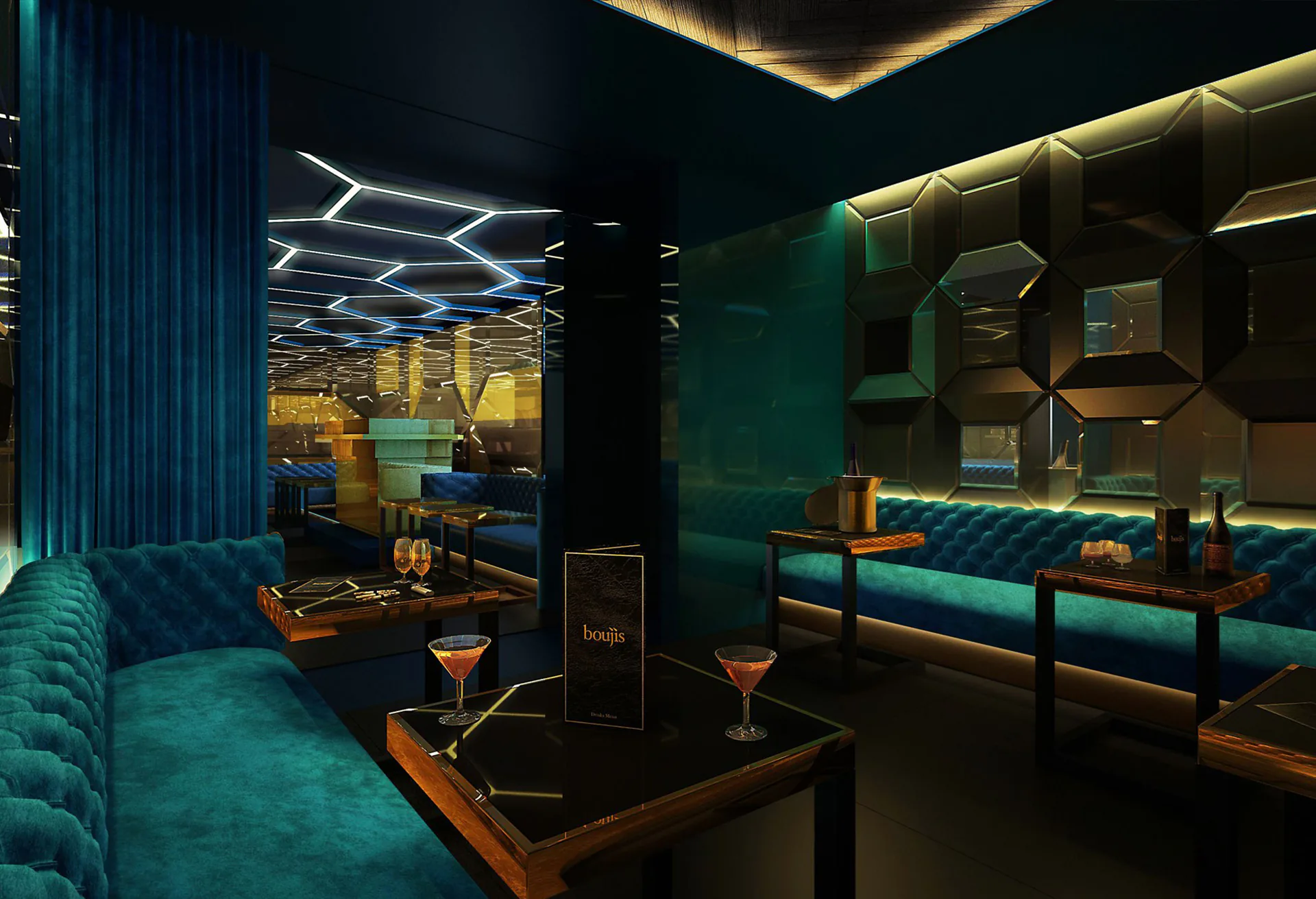 The Boujis interior in teal and gold, banquettes under a lit hexagonal ceiling.