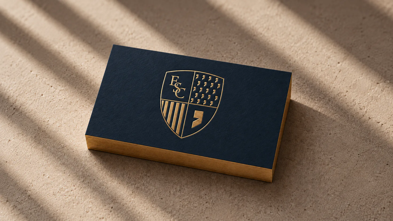 A navy business card with the Elsewhere crest and gilded edges, on sand under slatted shadow.