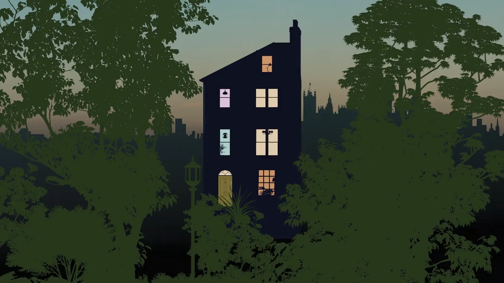 Illustrated London houses at dusk, windows lit behind dark trees, the skyline low beyond.