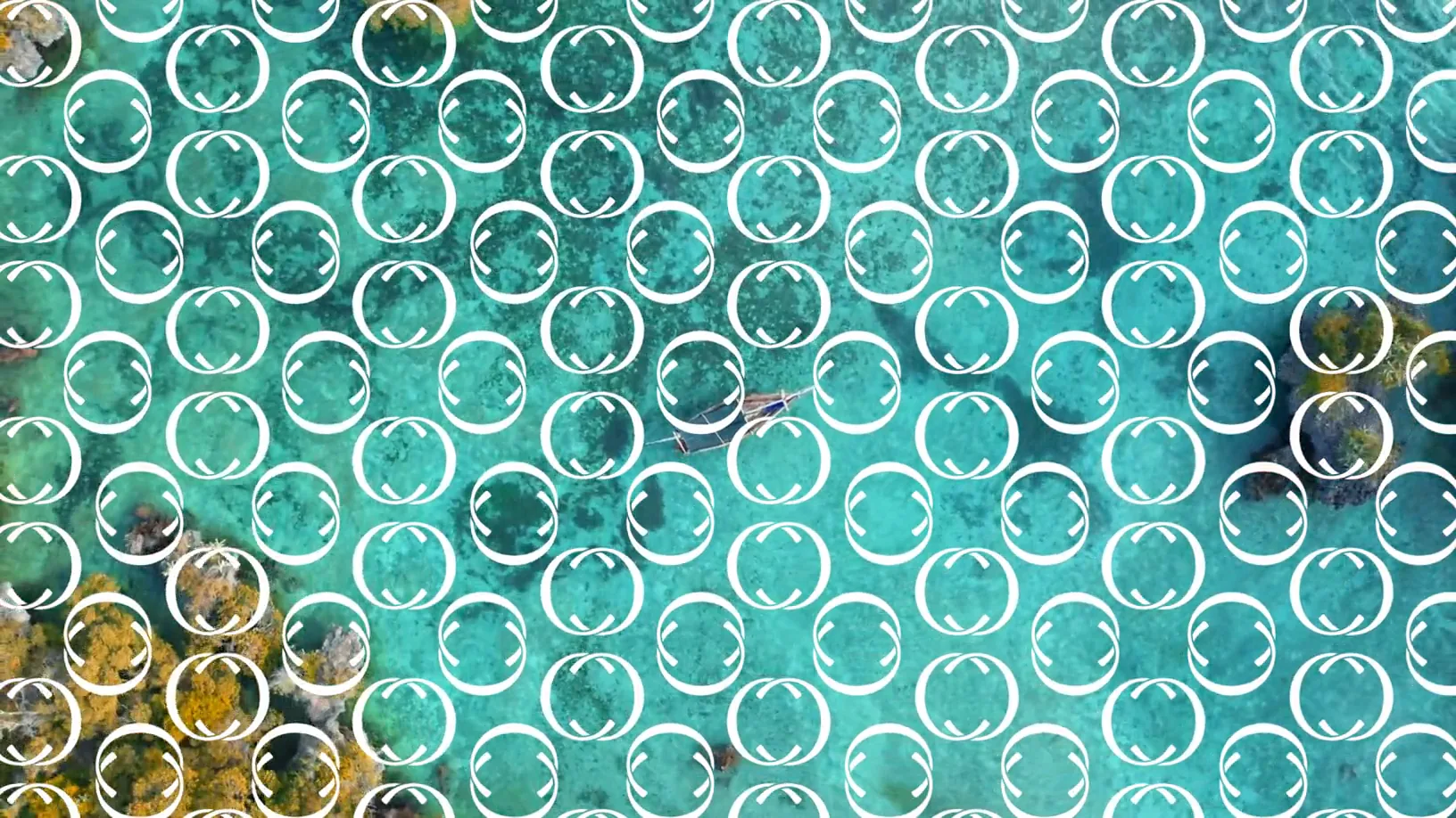 Turquoise shallows from above, rows of white rings closing over a small boat.