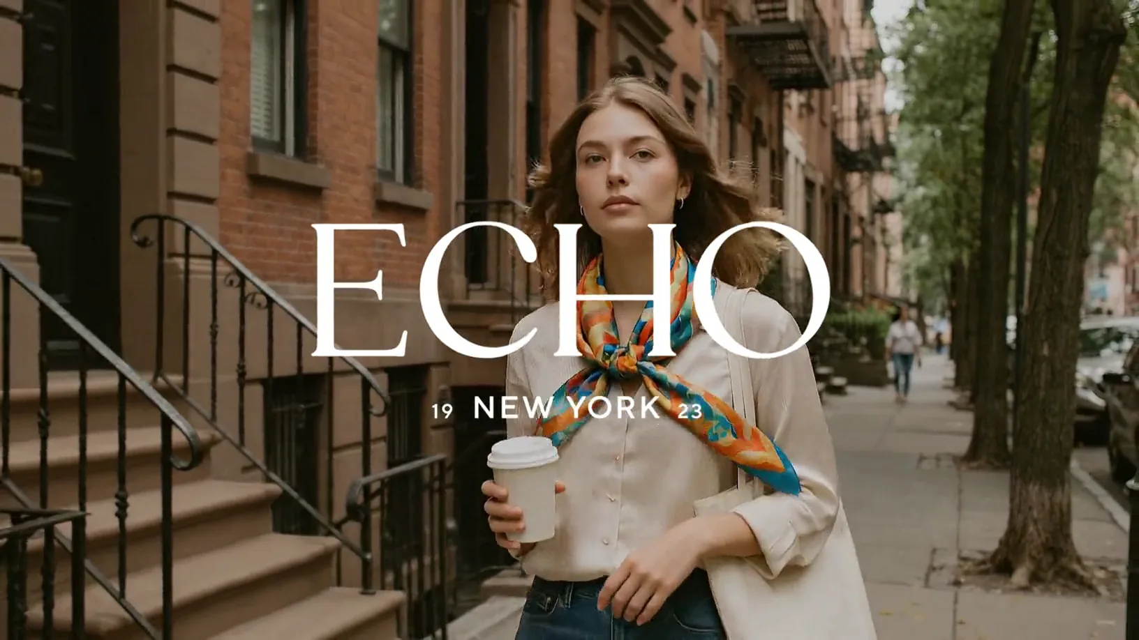 A woman in a printed scarf on a brownstone street, the Echo New York wordmark drawing in white.