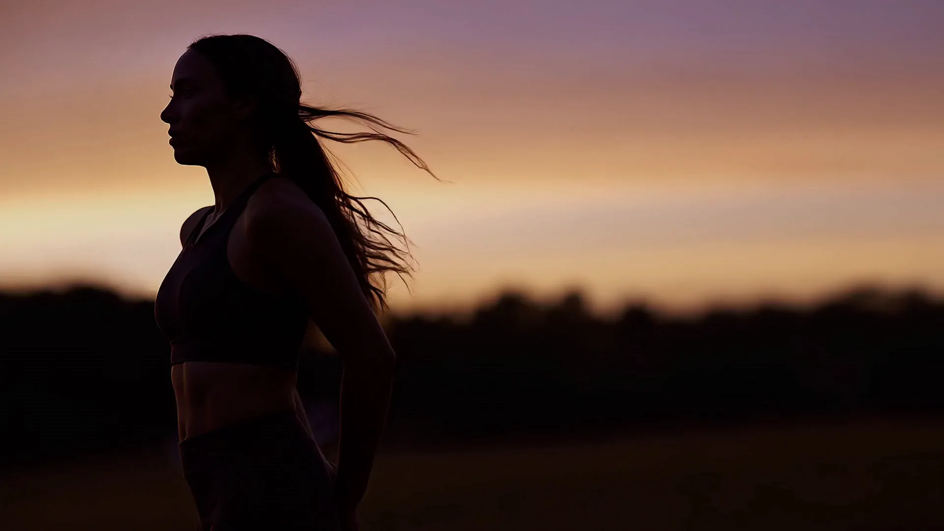 A runner in silhouette against an amber sunset, the quartered Elsewhere Sports Club crest drawing itself in white.