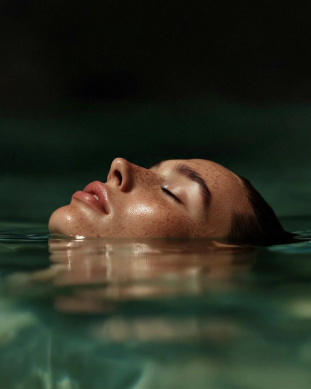 A swimmer floating face up in dark green water, eyes closed, the surface barely moving.
