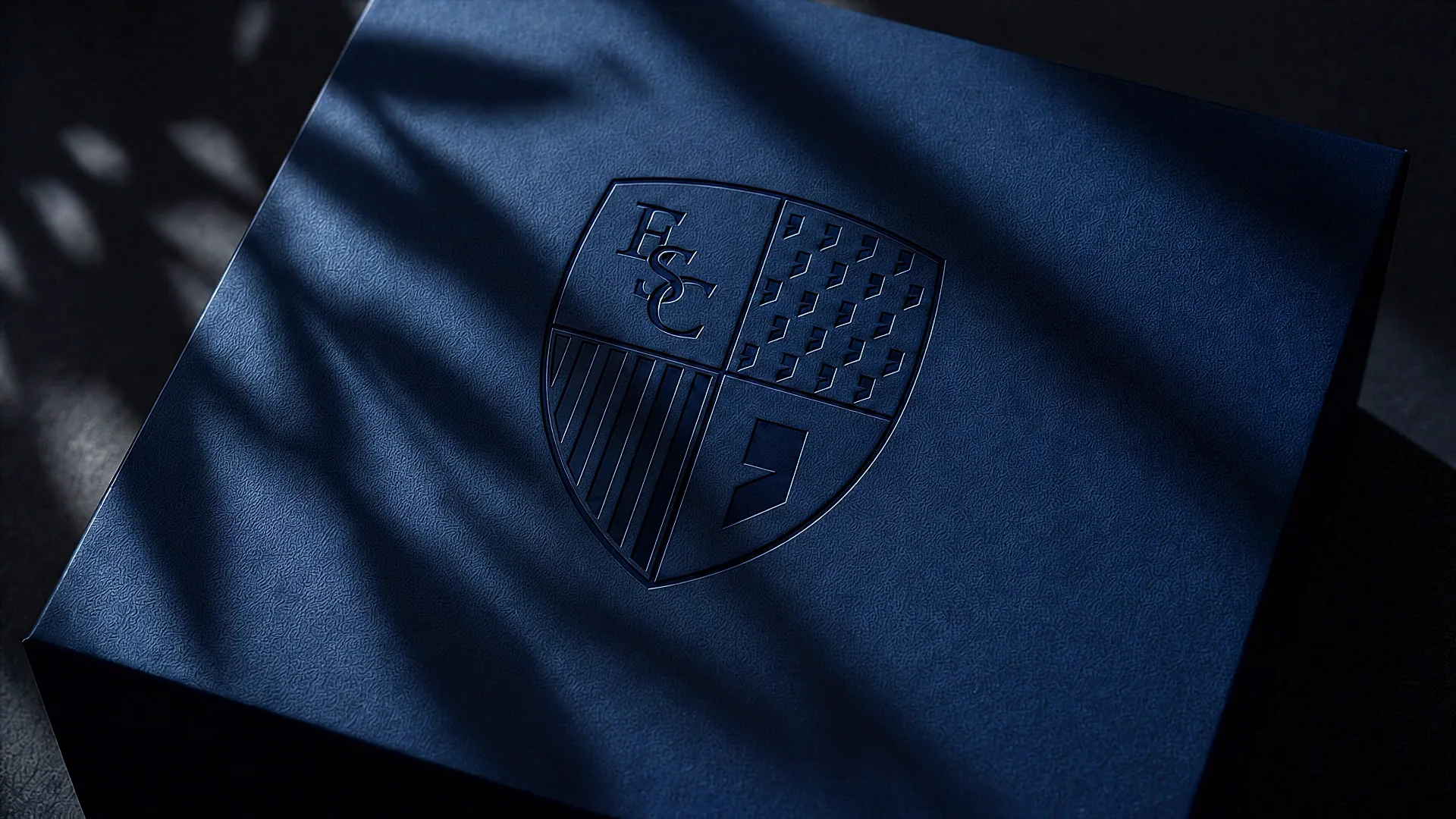 A navy presentation box embossed with the Elsewhere crest, dappled leaf shadow drifting across it.