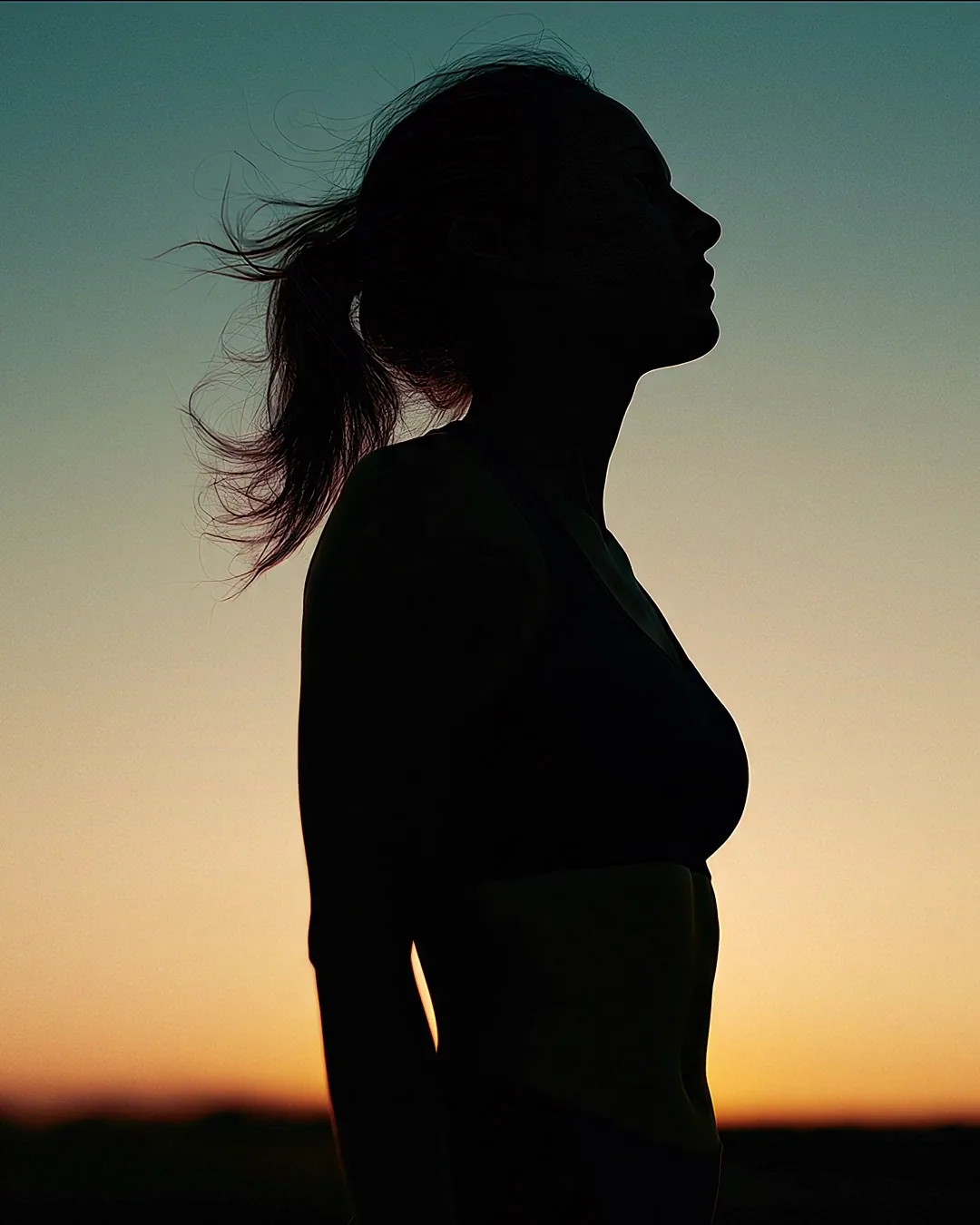 A silhouette standing in profile against a clear dusk sky, chin lifted, hair stirring in the breeze.