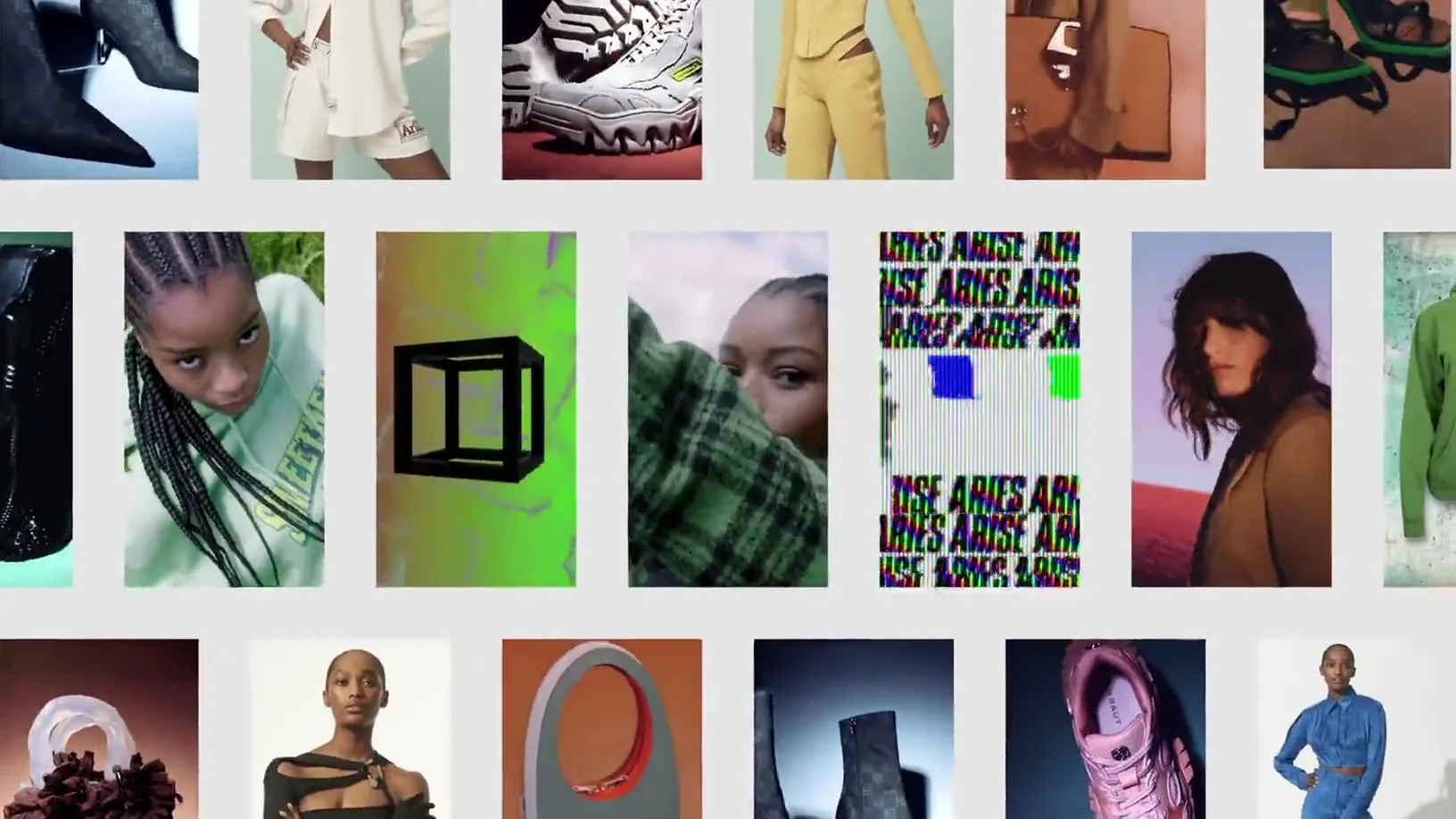 Rows of campaign cards sliding across pale grey: portraits, garments and colour gradients.