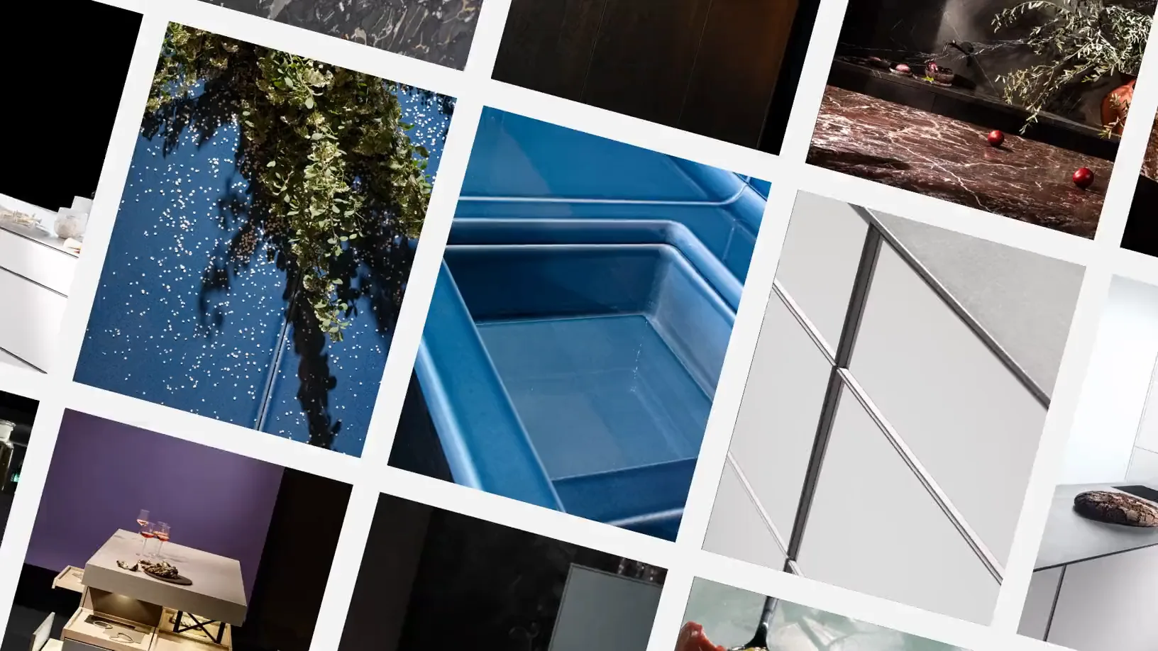 A drifting grid of kitchen photographs: blue-lit worktops, glass cabinets and white islands.