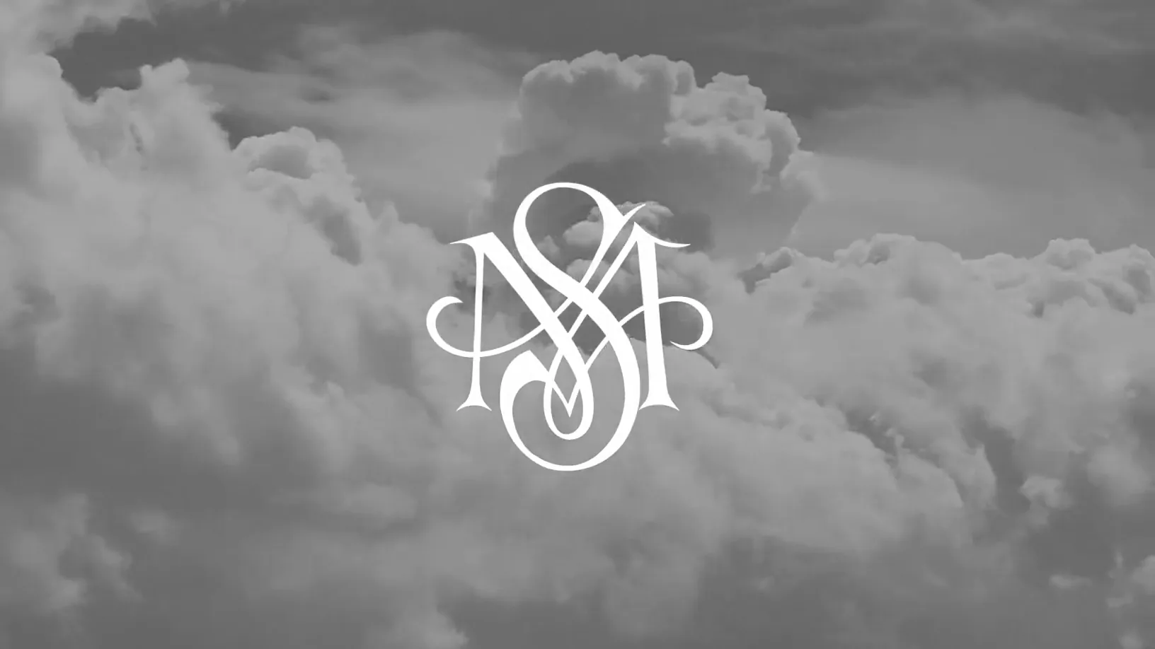 A monogram drawing itself in white line over banked grey cloud.