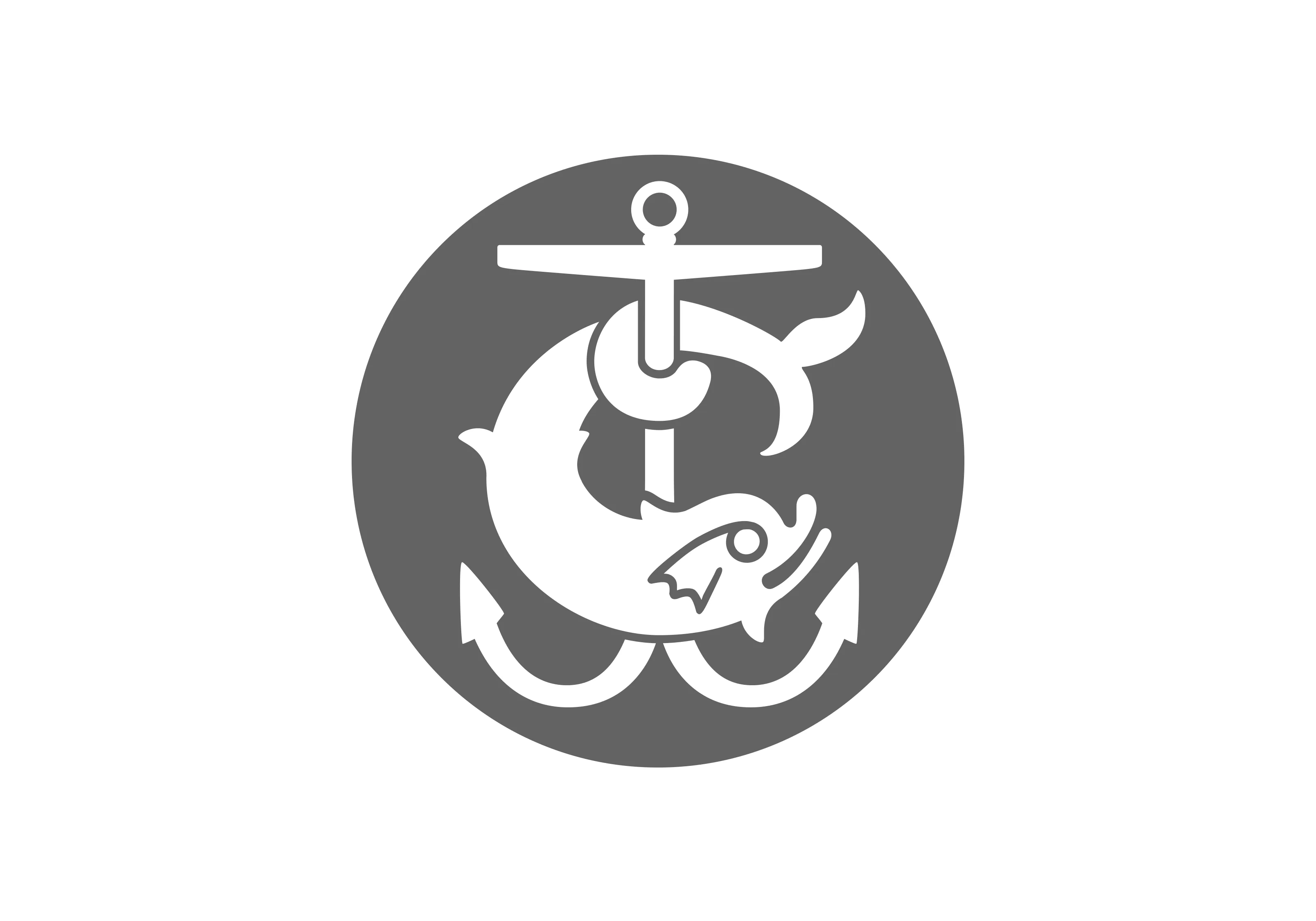 The IBC roundel, an anchor and dolphin device, in grey.